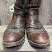 MENS Pr Round Toe 15" Tall Western Boots *fair, residue, cracks, worn down soles, cuts, rubbed, stained, dry

