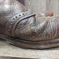 MENS Pr Round Toe 15" Tall Western Boots *fair, residue, cracks, worn down soles, cuts, rubbed, stained, dry
