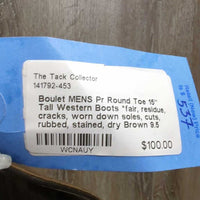 MENS Pr Round Toe 15" Tall Western Boots *fair, residue, cracks, worn down soles, cuts, rubbed, stained, dry

