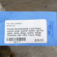 Horsemanship Lead Rope, swivel snap, leather tassel *gc/fair, older, clean, dingy, stains, snags, threadss, pills rubs, frays, dingy, snags, stains
