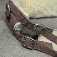 10 Ring - Nylon Web & Fleece Lined Lungeing Surcingle, Nylon Web Girth *gc, older, clean, mnr stretched stitching & attachments, rust & stretched holes, No Girth D Ring, folded/creased girth
