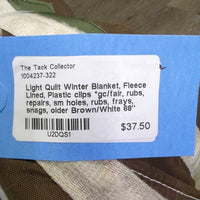 Light Quilt Winter Blanket, Fleece Lined, Plastic clips *gc/fair, rubs, repairs, sm holes, rubs, frays, snags, older
