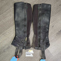 Pr Leather Half Chaps *gc, clean, puckered els, wavy zips, v.rubbed, residue, stains, mnr tears, pills
