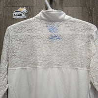LS Lace Show Shirt, 1/3 Zip Up *gc, mnr threads, broken pit elastics, seam puckers
