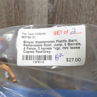 Plastic Barn, Removeable Roof, Jump, 3 Barrels, 4 Fence, 2 horses *vgc, mnr loose Cupola

