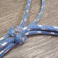 Soft Nylon Rope Halter, leather tassel *gc, older?, mnr dirt/residue, faded, rubs, frays, snags
