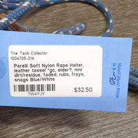Soft Nylon Rope Halter, leather tassel *gc, older?, mnr dirt/residue, faded, rubs, frays, snags
