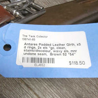 Padded Leather Girth, x3 d rings, 2x els *gc, clean, stains/discolour, wavy els, mnr undone seam
