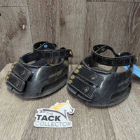 2 Hoof Boots, mesh bag, x4 extra straps, x6 extra screw sets, x2 cushions, 0 gaiters *vgc, clean, rubbed soles, scuffs, rubs, mnr dirt, residue, hair
