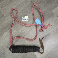 Thick Nylon Rope Halter, lead rope, leather tassel *gc, mnr dirt, rubs, faded, frays, snags, threads, frays, stiff
