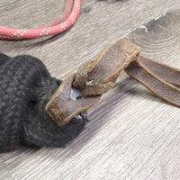 Thick Nylon Rope Halter, lead rope, leather tassel *gc, mnr dirt, rubs, faded, frays, snags, threads, frays, stiff
