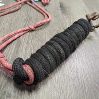 Thick Nylon Rope Halter, lead rope, leather tassel *gc, mnr dirt, rubs, faded, frays, snags, threads, frays, stiff
