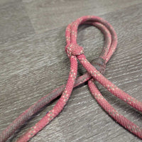 Thick Nylon Rope Halter, lead rope, leather tassel *gc, mnr dirt, rubs, faded, frays, snags, threads, frays, stiff
