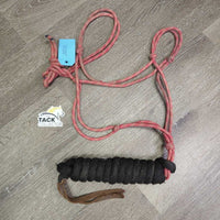 Thick Nylon Rope Halter, lead rope, leather tassel *gc, mnr dirt, rubs, faded, frays, snags, threads, frays, stiff
