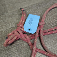 Thick Nylon Rope Halter, lead rope, leather tassel *gc, mnr dirt, rubs, faded, frays, snags, threads, frays, stiff
