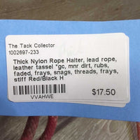 Thick Nylon Rope Halter, lead rope, leather tassel *gc, mnr dirt, rubs, faded, frays, snags, threads, frays, stiff
