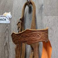 Tooled Headstall, Wide Browband & Noseband, Split Reins, 3.75" Curb Bit *vgc/gc, rubs, scrapes, scratches, stains, older
