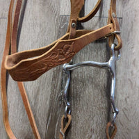Tooled Headstall, Wide Browband & Noseband, Split Reins, 3.75" Curb Bit *vgc/gc, rubs, scrapes, scratches, stains, older
