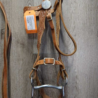Tooled Headstall, Wide Browband & Noseband, Split Reins, 3.75" Curb Bit *vgc/gc, rubs, scrapes, scratches, stains, older

