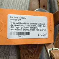Tooled Headstall, Wide Browband & Noseband, Split Reins, 3.75" Curb Bit *vgc/gc, rubs, scrapes, scratches, stains, older

