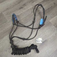 Stiff Thick Nylon Rope Halter, braided nose, lead rope *gc, mnr dirt, residue, rubs, stains, stiff, mnr hair
