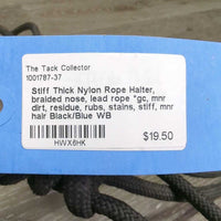 Stiff Thick Nylon Rope Halter, braided nose, lead rope *gc, mnr dirt, residue, rubs, stains, stiff, mnr hair
