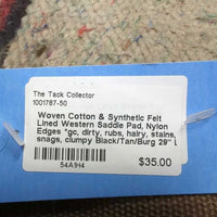 Woven Cotton & Synthetic Felt Lined Western Saddle Pad, Nylon Edges *gc, dirty, rubs, hairy, stains, snags, clumpy
