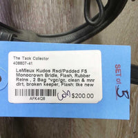 Rsd/Padded FS Monocrown Bridle, Flash, Rubber Reins , 2 Bag *vgc/gc, clean & mnr dirt, broken keeper, Flash: like new
