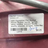 Flat Backed Plastic Bucket, handle *gc/fair, clean, residue, warped handle, scuffs, chewed, scrapes, faded
