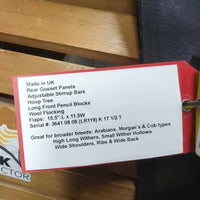 17.5 MW *5.5" Arabian Saddle Co Ellipse Dressage Saddle, curb/pommel strap, Rear Gusset Panels, Adjustable Stirrup Bars, Hoop Tree, Long Front Pencil Blocks, Wool Flocking, Flaps: 15.5":L x 11.5W Serial #: 3641 08 08 (LR119) K 17 1/2 T
