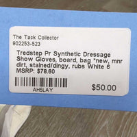 Pr Synthetic Dressage Show Gloves, board, bag *new, mnr dirt, stained/dingy, rubs
