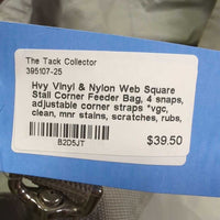 Hvy Vinyl & Nylon Web Square Stall Corner Feeder Bag, 4 snaps, adjustable corner straps *vgc, clean, mnr stains, scratches, rubs, scuffs & residue

