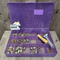 Cork Kit: 45 Assr't Corks ( square, hexagon, bullet), wrench, tool, fine screw driver, plastic box *gc, worn down corks, cracked plastic, dirt, rust, scratches
