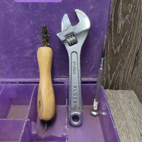 Cork Kit: 45 Assr't Corks ( square, hexagon, bullet), wrench, tool, fine screw driver, plastic box *gc, worn down corks, cracked plastic, dirt, rust, scratches
