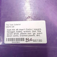 Cork Kit: 45 Assr't Corks ( square, hexagon, bullet), wrench, tool, fine screw driver, plastic box *gc, worn down corks, cracked plastic, dirt, rust, scratches
