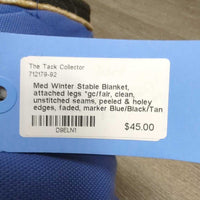 Med Winter Stable Blanket, attached legs *gc/fair, clean, unstitched seams, peeled & holey edges, faded, marker
