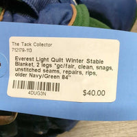 Light Quilt Winter Stable Blanket, 2 legs *gc/fair, clean, snags, unstitched seams, repairs, rips, older
