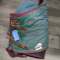 Med Quilt Winter Blanket, 2 legs, leather front straps *fair/gc, older, clean, holes, repairs, faded, stains
