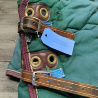 Med Quilt Winter Blanket, 2 legs, leather front straps *fair/gc, older, clean, holes, repairs, faded, stains
