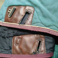 Med Quilt Winter Blanket, 2 legs, leather front straps *fair/gc, older, clean, holes, repairs, faded, stains
