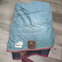 Med Quilt Winter Blanket, 2 legs, leather front straps *fair/gc, older, clean, holes, repairs, faded, stains
