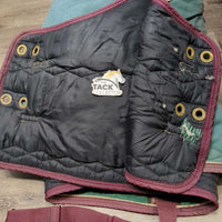 Med Quilt Winter Blanket, 2 legs, leather front straps *fair/gc, older, clean, holes, repairs, faded, stains
