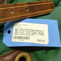 Med Quilt Winter Blanket, 2 legs, leather front straps *fair/gc, older, clean, holes, repairs, faded, stains
