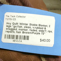 Hvy Quilt Winter Stable Blanket, 2 legs *gc/fair, clean, v.rubbed & snagged, marker, faded, older?, rips, repairs, hair
