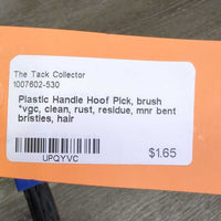 Plastic Handle Hoof Pick, brush *vgc, clean, rust, residue, mnr bent bristles, hair
