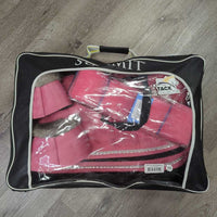 Quilt Dressage Pad, piping, bling, Faux Fur Bell Boots, 4 Polo Wraps, Bag *vgc, clean, hair, mnr dirt, stains, rubs, threads, cut tabs
