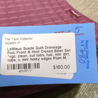 Suede Quilt Dressage Pad, Front & Hind Closed Boot Set *vgc, clean, cut tabs, hair, mnr dirt, rubs, v. mnr holey edges
