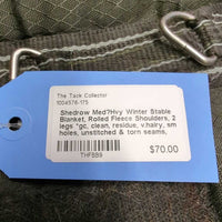 Med?Hvy Winter Stable Blanket, Rolled Fleece Shoulders, 2 legs *gc, clean, residue, v.hairy, sm holes, unstitched & torn seams, rubs & snags
