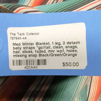 Med Winter Blanket, 1 leg, 2 detach belly straps *gc/fair, clean, snags, hair, slices, faded, mnr wpf, holes, missing snap
