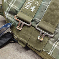 Light ?100g Winter Blanket, tail *gc/fair, clean, faded, repairs, stains, discolored, snags, holes, NO wpf, older, rusty & bent front buckles
